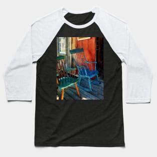 Blue and Green Rocking Chairs Against Red Door Baseball T-Shirt